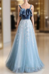 Blue Tulle Lace Long Prom Dresses, Blue Tulle Long Evening Dresses