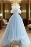 Blue Tulle Lace Long Prom Dress, High Low A Line Prom Dresses