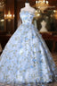 Blue Tulle Lace Long Prom Dress, Ball Gowns Blue Sweet 16 Dresses