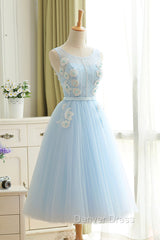 Blue Tulle Lace Short Prom Dresses, A-Line Homecoming Party Dresses