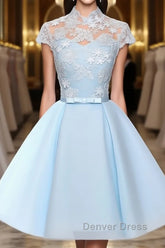 Blue tulle lace short prom Dresses, blue tulle lace homecoming Dresses