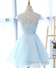 Blue tulle lace short prom Dresses, blue tulle lace homecoming Dresses