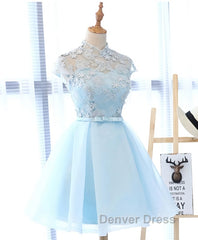 Blue tulle lace short prom Dresses, blue tulle lace homecoming Dresses