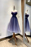Blue Tulle Lace Short Prom Dress, Off the Shoulder Prom Dresses