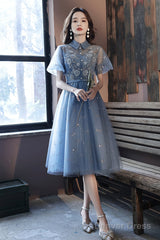Blue Tulle Lace Short Prom Dresses, A-Line Homecoming Dresses
