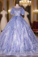 Blue Tulle Lace Short Sleeve Backless Beading Quinceanera Dresses