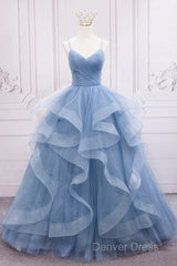Blue Tulle Layers Long Party Dresses Prom Dresses, Beautiful Sweet 16 Dresses