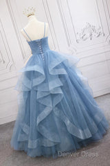 Blue Tulle Layers Long Party Dresses Prom Dresses, Beautiful Sweet 16 Dresses