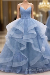 Blue Tulle Layers Long Party Dresses Prom Dresses, Beautiful Sweet 16 Dresses