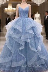 Blue Tulle Layers Long Party Dresses Prom Dresses, Sweet 16 Dresses