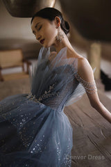 Blue Tulle Layers Straps Beaded Long Formal Dress, Beautiful A-Line Prom Dress
