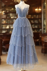 Blue Tulle Layers Straps Beaded Long Prom Dresses, Blue A-Line Evening Dresses