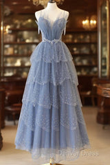 Blue Tulle Layers Straps Beaded Long Prom Dresses, Blue A-Line Evening Dresses