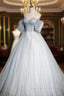 Blue Tulle Long A Line Ball Gowns, Off the Shoulder Prom Dresses