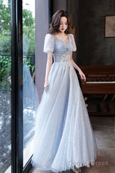 Blue Tulle Long A-Line Formal Dresses, Shiny V-Neck Evening Dresses