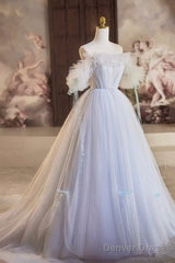 Blue Tulle Long A-Line Prom Dress, Beautiful Off The Shoulder Evening Party Dress
