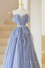 Blue Tulle Long A Line Prom Dress, Cute Strapless Graduation Dresses