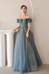 Blue Tulle Long A-Line Prom Dress, Elegant Off The Shoulder Formal Evening Dress