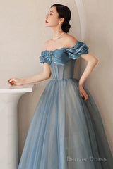 Blue Tulle Long A-Line Prom Dress, Elegant Off The Shoulder Formal Evening Dress