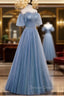 Blue Tulle Long A Line Prom Dress, Off the Shoulder Prom Dresses