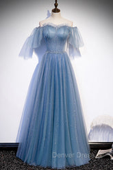 Blue Tulle Long A-Line Prom Dresses, Off the Shoulder Evening Party Dresses