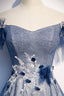 Blue Tulle Long A Line Prom Dress, Off the Shoulder Prom Dresses