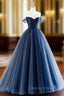 Blue Tulle Long A Line Prom Dress, Off the Shoulder Prom Dresses
