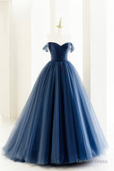 Blue Tulle Long A-Line Prom Dress, Off the Shoulder Formal Evening Dress