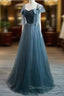 Blue Tulle Long A Line Prom Dress, Simple Sweetheart Neckline Prom Dresses
