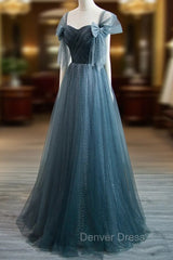 Blue Tulle Long A-Line Prom Dresses, Simple Sweetheart Neckline Evening Party Dresses