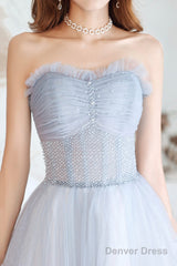 Blue Tulle Long A-Line Prom Dress With Beaded, Blue Strapless Evening Dress