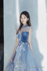 Blue Tulle Long A-Line Prom Dress With Lace, Lovely Evening Party Dress