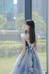 Blue Tulle Long A-Line Prom Dress With Lace, Lovely Evening Party Dress