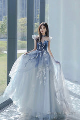 Blue Tulle Long A-Line Prom Dress With Lace, Lovely Evening Party Dress
