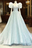 Blue Tulle Long A-Line Prom Dresses with Sequins, Lovely Puff Sleeve Evening Gown
