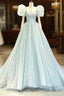 Blue Tulle Long A Line Prom Dresses with Sequins, Lovely Puff Sleeve Prom Gowns