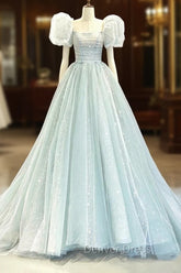 Blue Tulle Long A-Line Prom Dresses with Sequins, Lovely Puff Sleeve Evening Gown