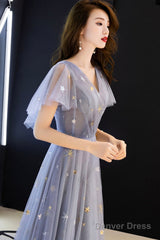 Blue Tulle Long A-Line Prom Dresses, V-Neck Evening Dresses