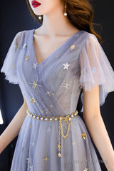 Blue Tulle Long A-Line Prom Dresses, V-Neck Evening Dresses