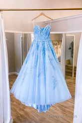 Blue Tulle Long Backless A Line Prom Dress Evening Dress