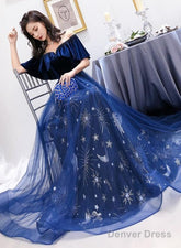 Blue Tulle Long Beaded Party Dress, Blue Velvet Top Prom Dress Evening Gown