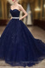 Blue Tulle Long Evening Gown Party Dresses, Navy Blue Sweet 16 Gown