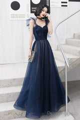 Blue Tulle Long Floor Length Prom Dress, A-Line Evening Dress