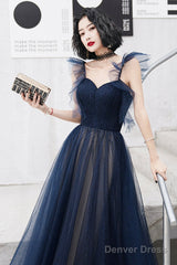 Blue Tulle Long Floor Length Prom Dress, A-Line Evening Dress