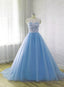 Blue Tulle Long Lace Prom Dress, Charming Ball Gown Party Gowns, Prom Dress