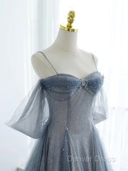 Blue Tulle Long Prom Dresses, A-Line Off The Shoulder Blue Evening Party Dresses