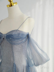Blue Tulle Long Prom Dresses, A-Line Off The Shoulder Blue Evening Party Dresses