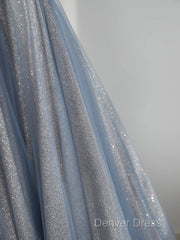 Blue Tulle Long Prom Dresses, A-Line Off The Shoulder Blue Evening Party Dresses