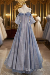 Blue Tulle Long Prom Dresses, A-Line Off The Shoulder Blue Evening Party Dresses