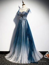 Blue Tulle Long Prom Dress, Blue Beads Long Evening Dress